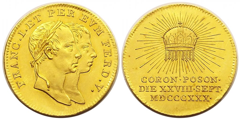 V. Ferdinánd koronázási zseton (1 dukát) 1830 Pozsony